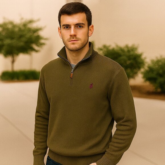 Polo Ralph Lauren Estate Rib Green Quarter Zip Pullover Sweater Preppy Size M - Picture 1 of 6